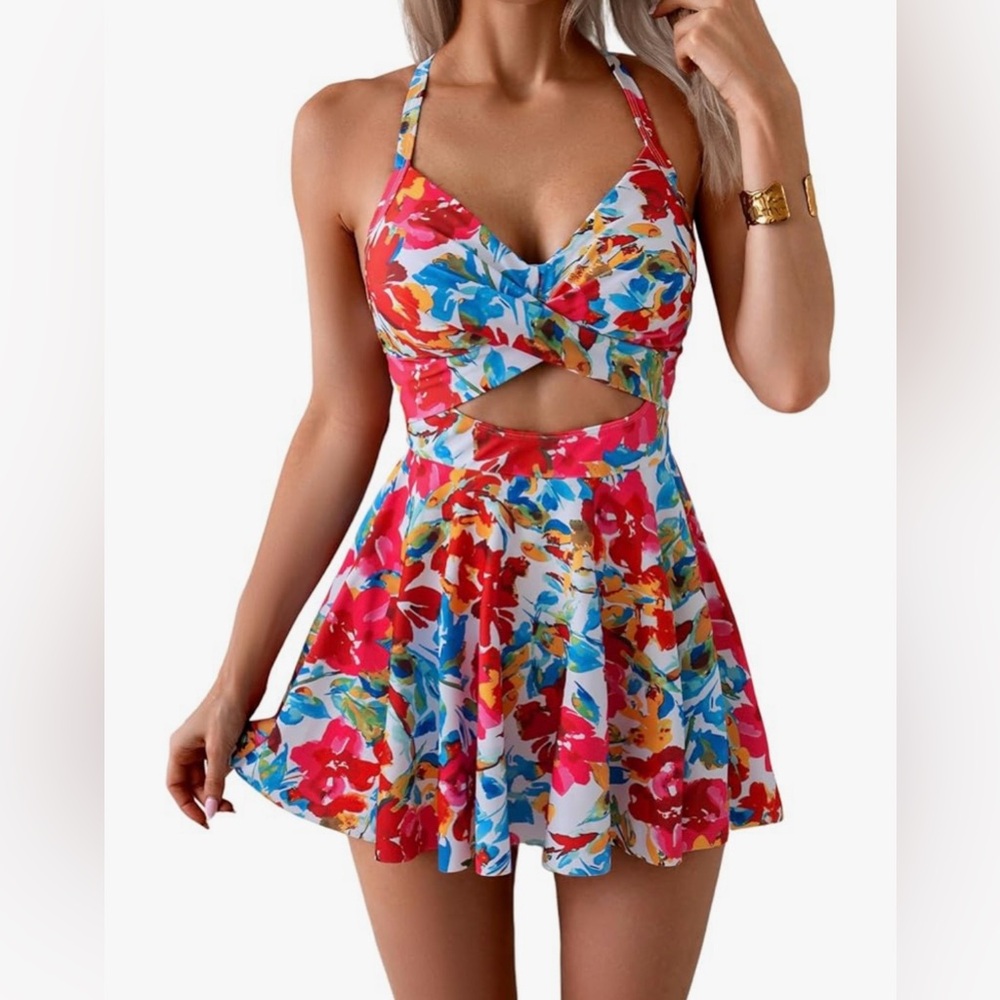 Floral Halter Cutout One-Piece Swimdress - Pink Multi